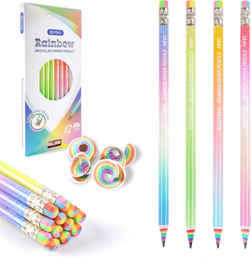 ECOTREE Pre-sharpened Pencils #2 Eco Rainbow Paper Pencil Cute Pencils for Kids Number 2 Pencil with Erasers for School, Writing, 12 Count - Image 1